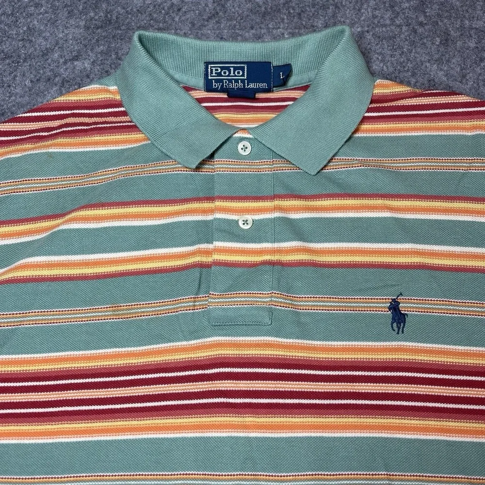 VTG Polo Ralph Lauren‎ Striped Shirt Mens XL Green Orange Sunset Cotton Slit Hem